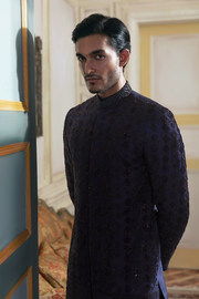 Latest Pakistani Groom Dress in Jamawar Blue Sherwani Style