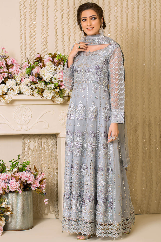 Latest Pakistani Party Dress in Embroidered Pishwas Frock Trouser and Dupatta in Premium Net Fabric