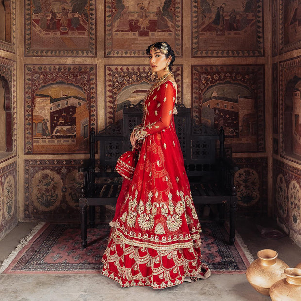 Latest Pakistani Red Bridal Lehenga with Frock Dress