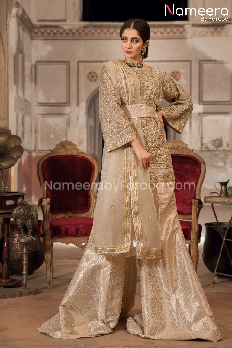 Latest Pakistani Sharara Dress for Bride in Gold BS89