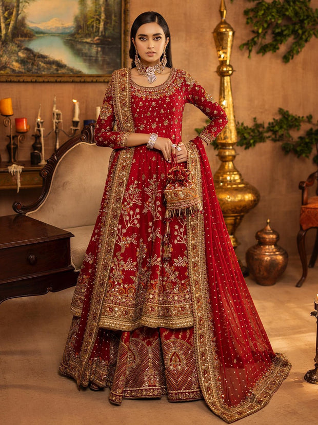 Buy Red Pakistani Bridal Dress in Lehenga and Frock Style – Nameera by ...