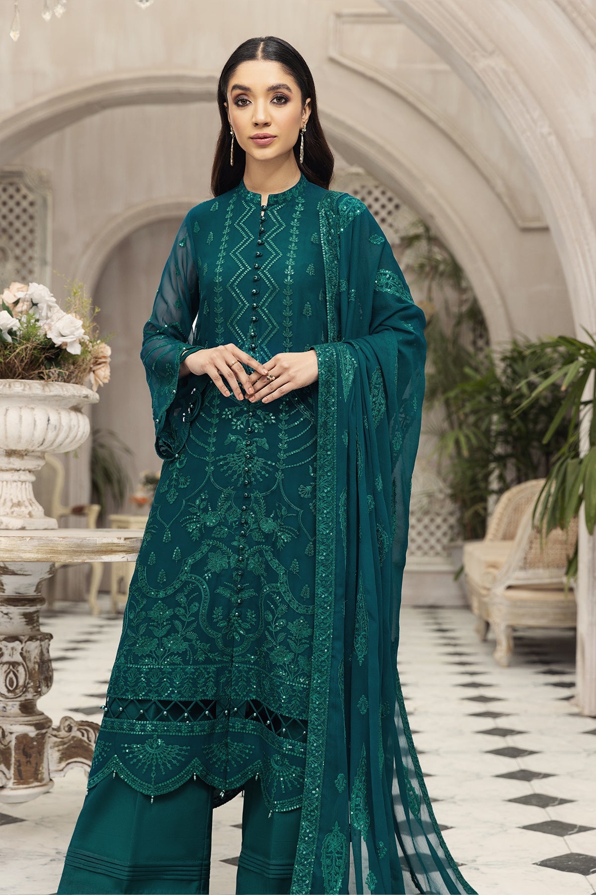 Latest Sea Green Pakistani Dress in Chiffon Online 2022 – Nameera by Farooq