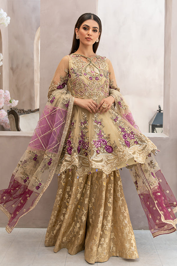 Traditional Embroidered Pakistani Party Dress in Peplum Frock and Gharara Style for Eid