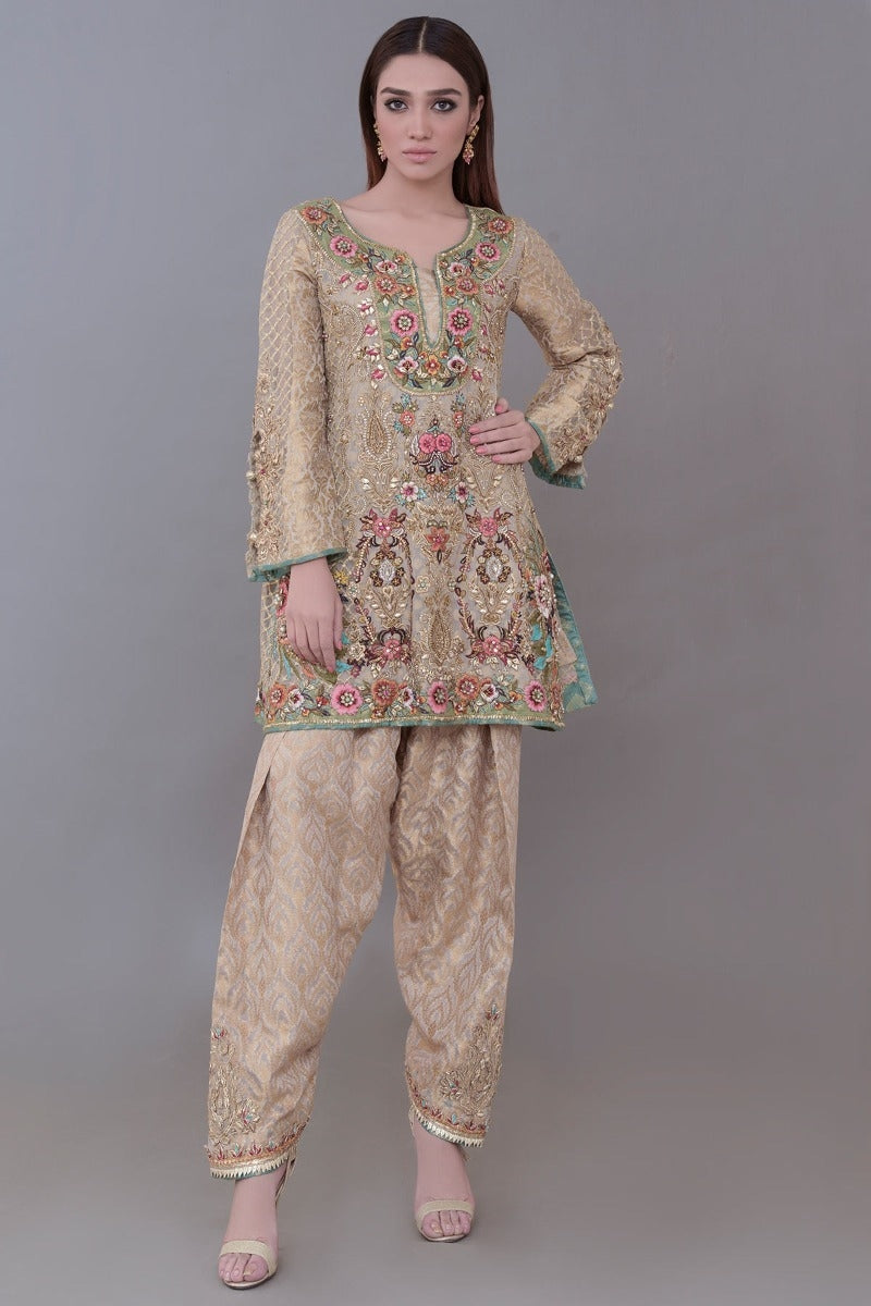 Latest Wedding Party Shirt in Beige Color – Nameera by Farooq