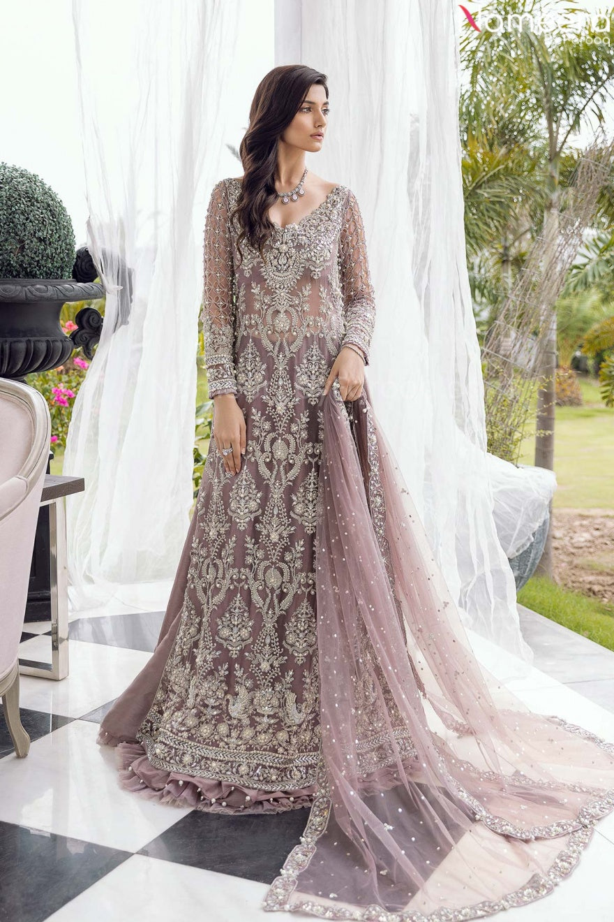 Pakistani Designer Bridal Lavender Lehenga Gown In Net Chiffon 