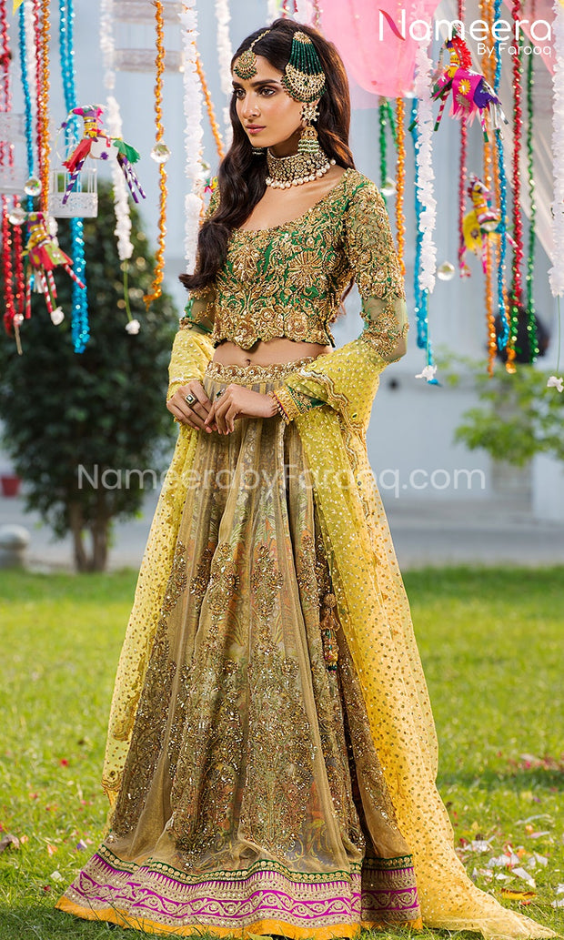 Lavish Bridal Lehenga Choli in Green for Mehndi Online – Nameera by Farooq
