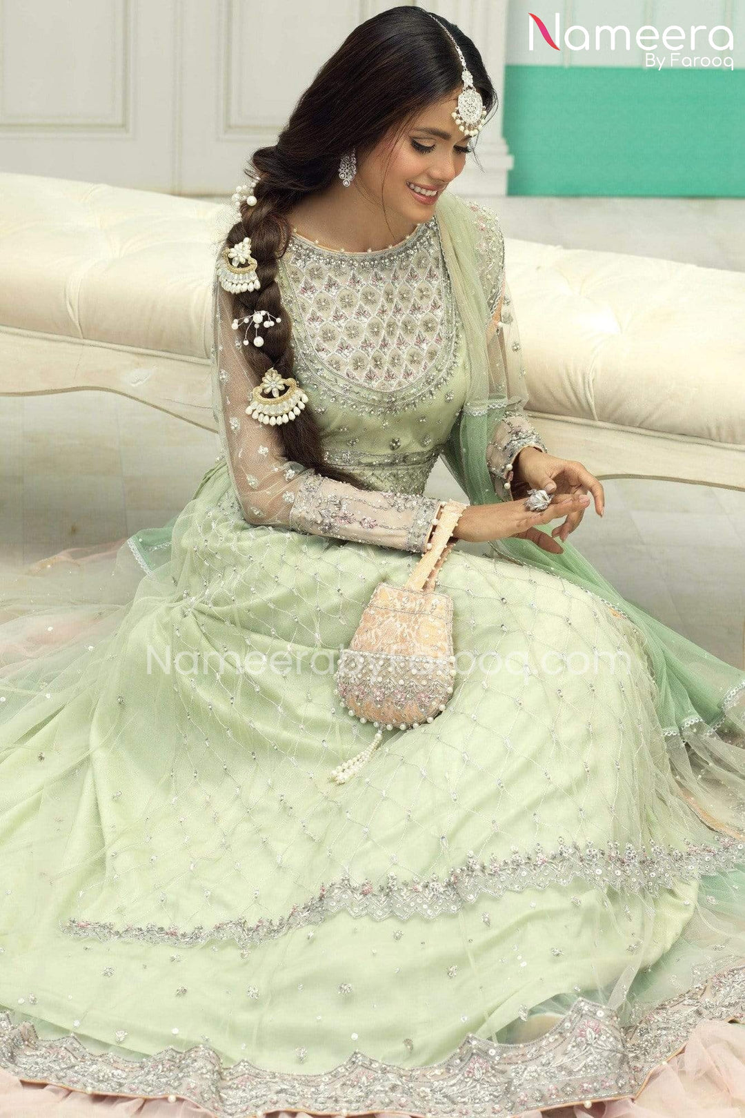 Pakistani Bridal Mint Green Lehenga Choli Dress Online 2021 Nameera by Farooq