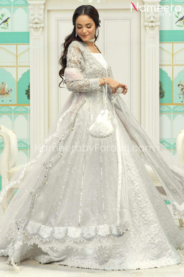 Silver Bridal Dress Pakistani in Lehenga Gown Style Online – Nameera by  Farooq