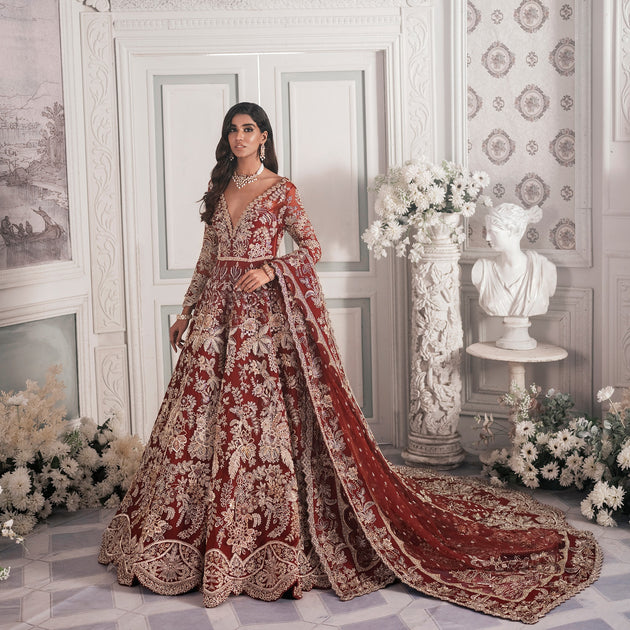 Maroon and Red Lehenga Maxi Dress Pakistani Bridal Wear – Nameera by Farooq