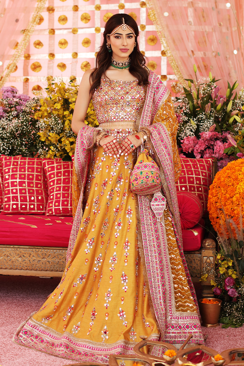 Traditional Mehndi Dress in Yellow Lehenga with Choli and Dupatta Pakistani Bridal Dress in Raw Silk Fabric BS644