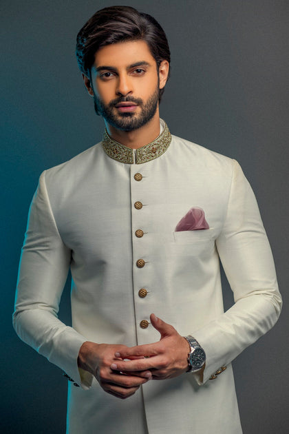 Golden Mens Sherwani Pakistani Designer Dress for Wedding – Nameera by ...