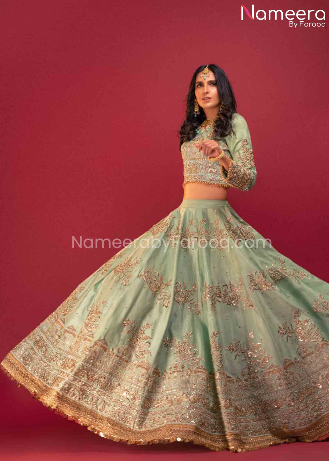 Pakistani Bridal Mint Green Lehenga Choli Dress Online 2021 Nameera by Farooq