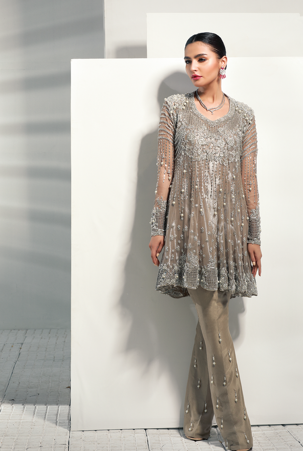 Nikah Peplum Dress with Zardozi Work in Gray Color