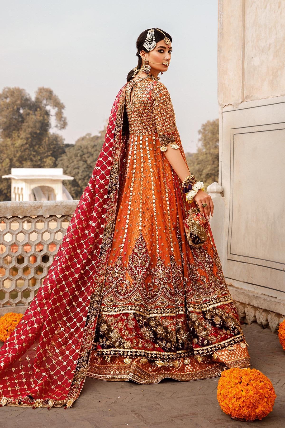 Orange Bridal Lehenga And Angrakha Frock Mehndi Dress Nameera By Farooq 