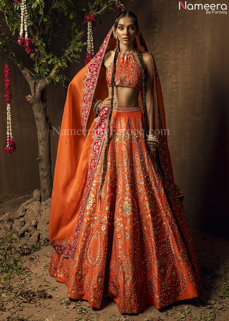 Wedding Machine Orange Jacquard Embroidery With Purse Lehenga Choli at Rs  3999 in Surat