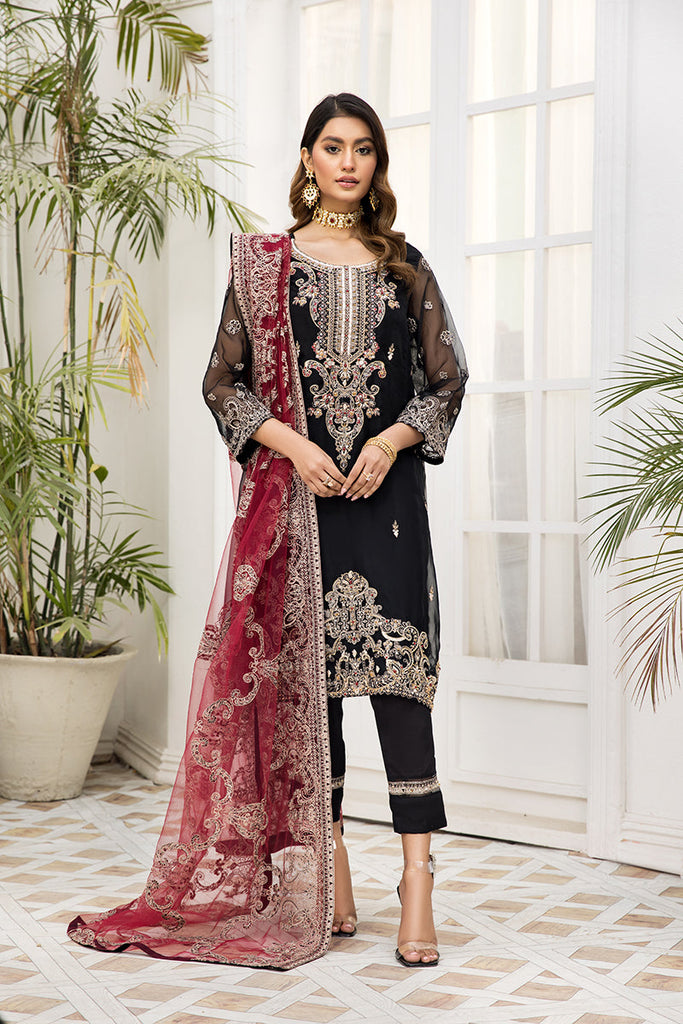 Black frock store with red dupatta