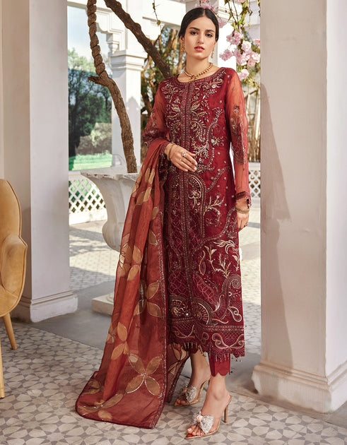 Organza Red Salwar Kameez for Pakistani Party Dresses – Nameera by Farooq
