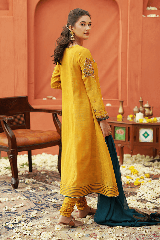 Pakistani Angrakha Style Frock in Ochre Yellow Online