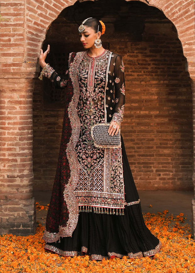 Pakistani Black Dress in Sharara Kameez and Dupatta Style