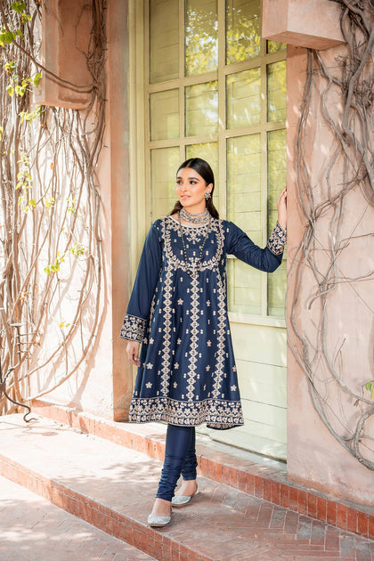 Pakistani Blue Dress in Embroidered Frock Trouser Style for Eid ...