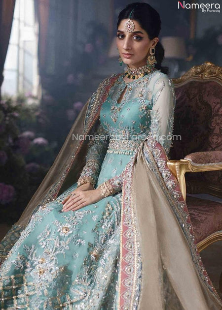 Pakistani Bridal Blue Lehenga with Long Frock in Net Fabric – Nameera ...