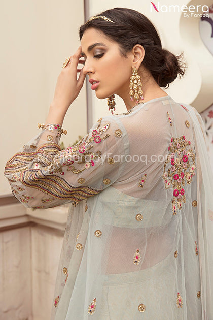 Latest Pakistani Bridal Sharara with Tulle Blue Shirt Online – Nameera ...
