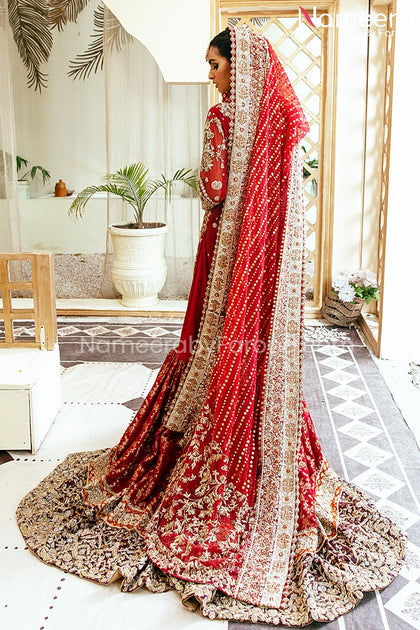 Farshi Gharara Kameez Red Bridal Dress Pakistani Online Nameera By Farooq 2202