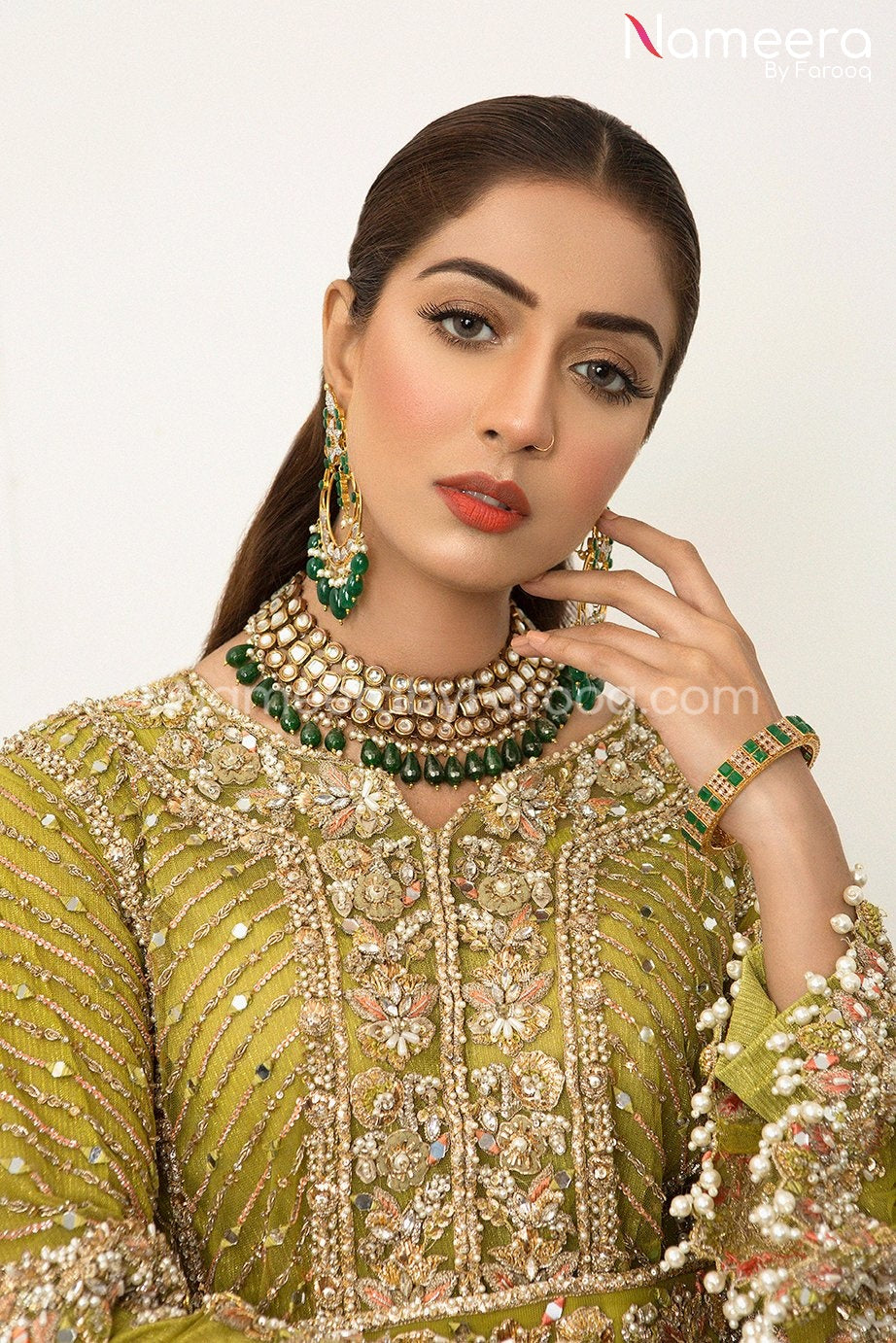 Lavish Pakistani Bridal Sharara Dress in Mehndi Color Online – Nameera ...