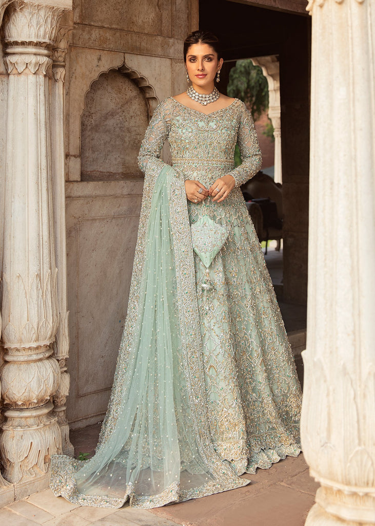 Embellished Pakistani Bridal Dress in Handworked Net Gown and Dupatta with Jamawar Lehenga in Mint Blue Color BS636