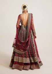 Pakistani Bridal Dress in Embellished Pishwas Net Jacket and Silk Red Lehenga Style