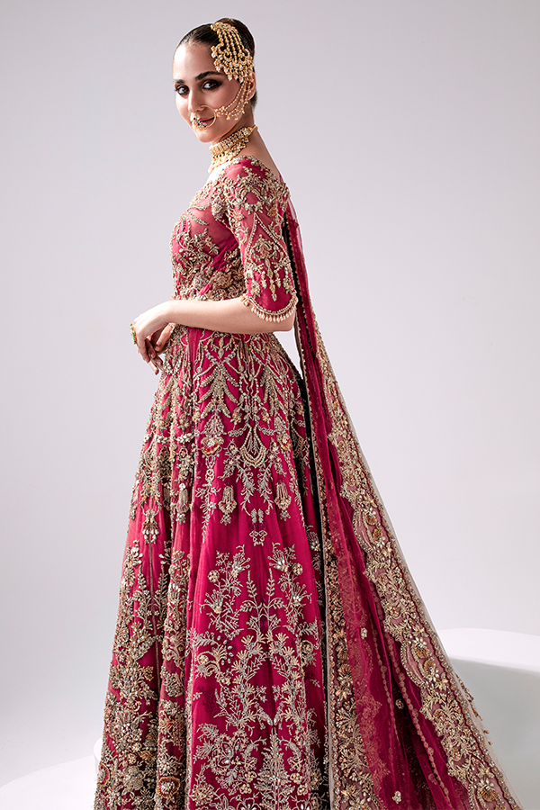 Pakistani Bridal Dress in Embellished Wedding Lehenga Choli Dupatta Style in Net Fabric