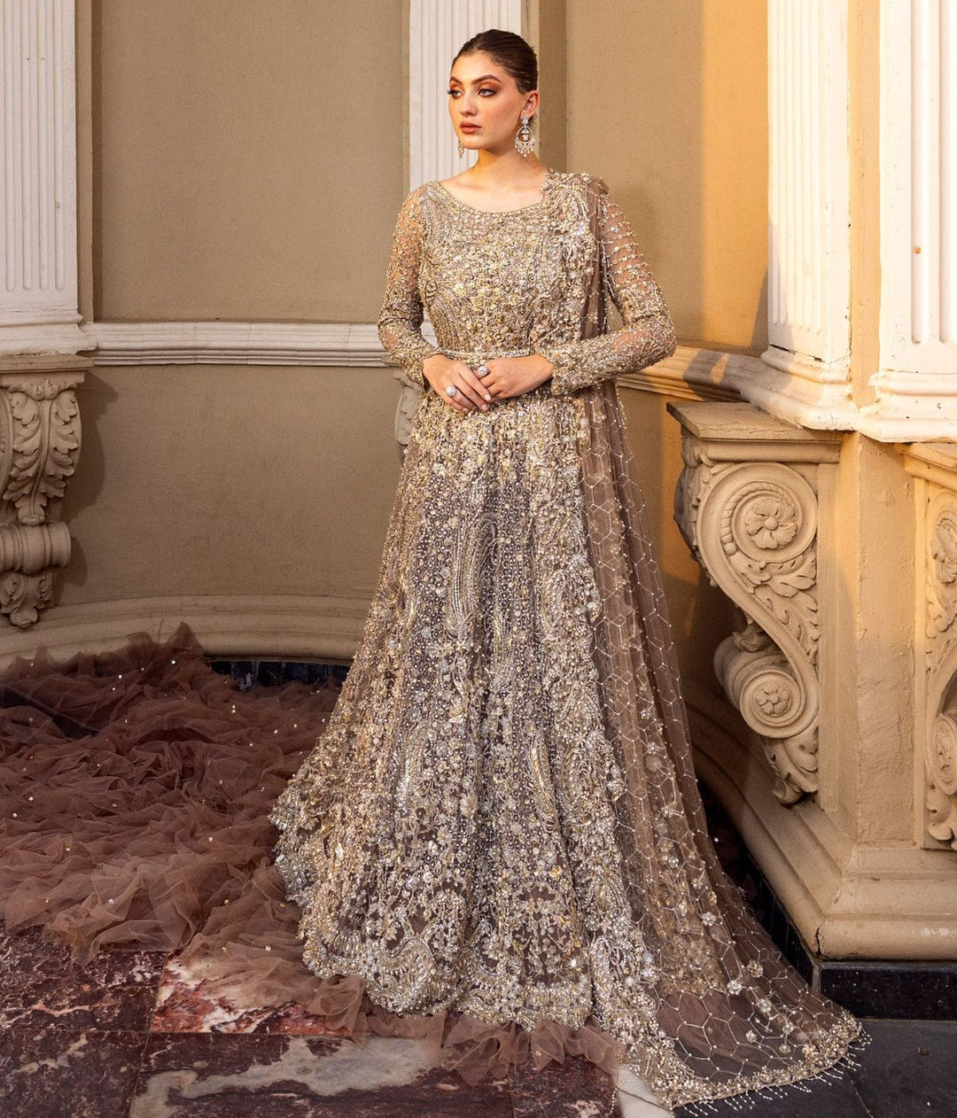 Pakistani Bridal Dress in Long Tail Gown Dupatta Style