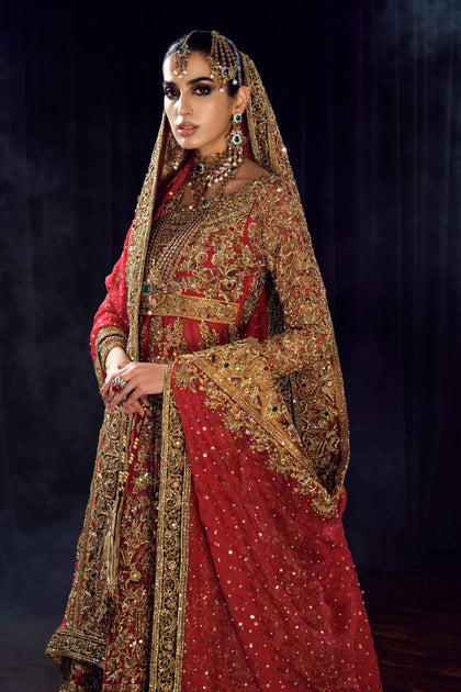 Pakistani Bridal Dress in Red Lehenga and Frock Style – Nameera by Farooq