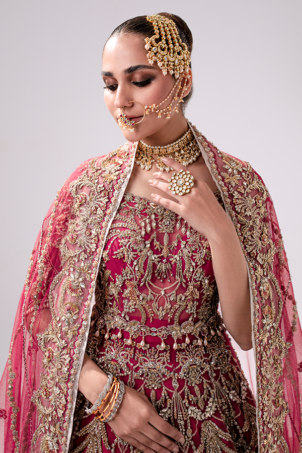 Pakistani Bridal Dress in Wedding Lehenga Choli and Dupatta Style in Net Fabric