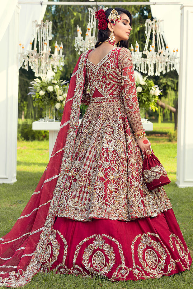 Pakistani Bridal Frock Lehnga in Red Color Backside Look