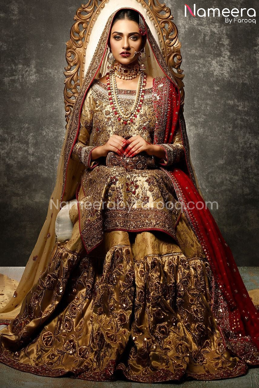 Latest Banarsi Gharara with Embellished Shirt in Golden Color Nameera by Farooq