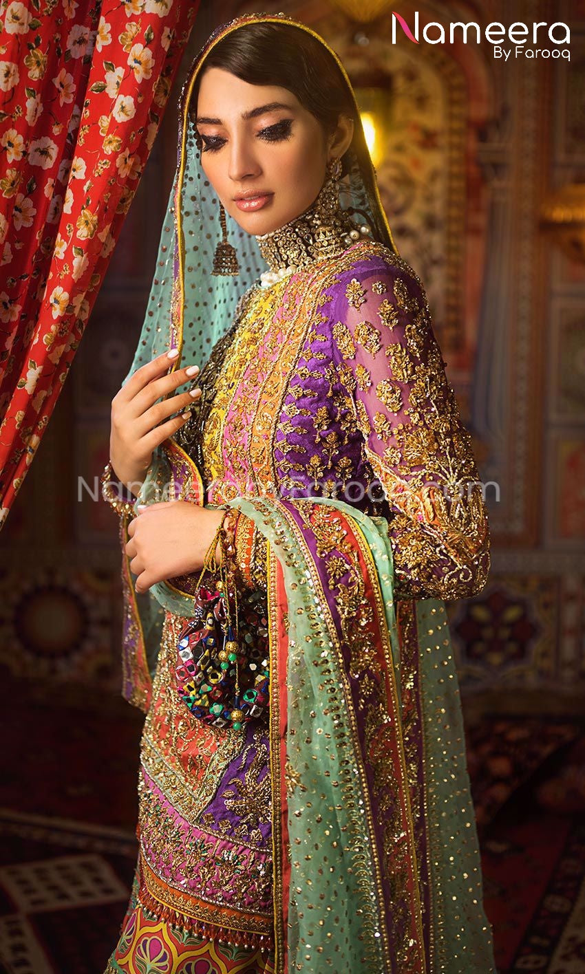 Latest Pakistani Bridal Gharara with Short Shirt Online – Nameera by Farooq