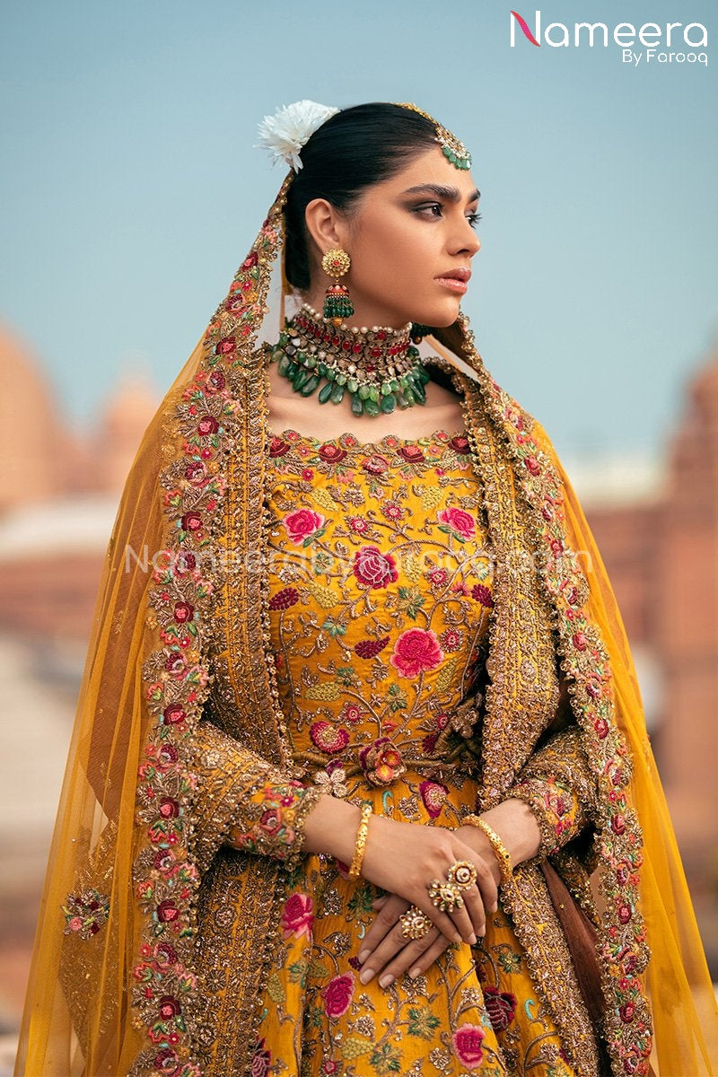 Royal Mustard Gold Pakistani Bridal Gown Dresses Online – Nameera by Farooq