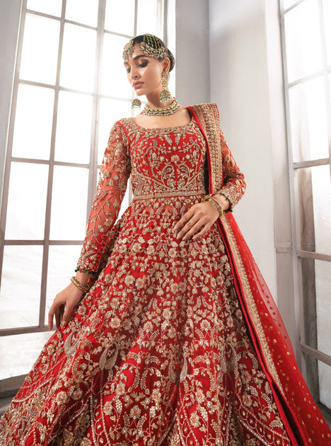 Pakistani Bridal Gown with Red Lehenga and Dupatta – Nameera by Farooq