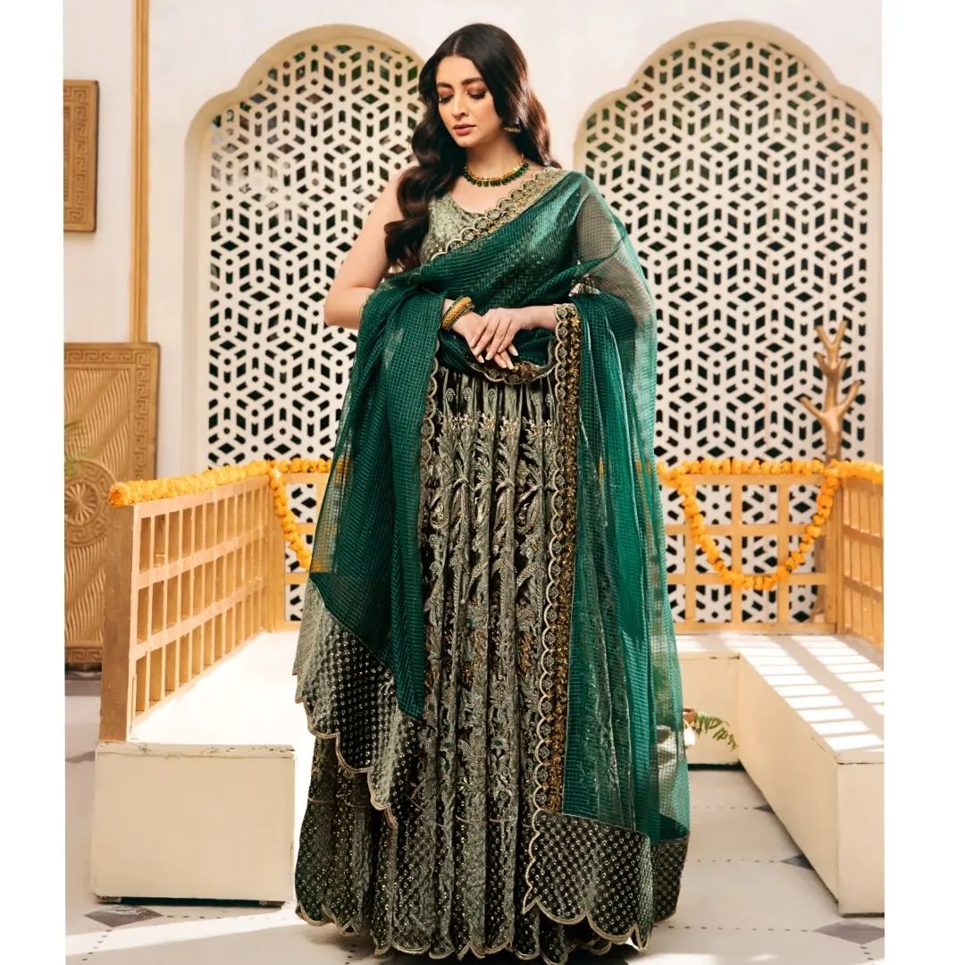 Pakistani Bridal Green Dress In Royal Pishwas Frock Style Nameera By Farooq 