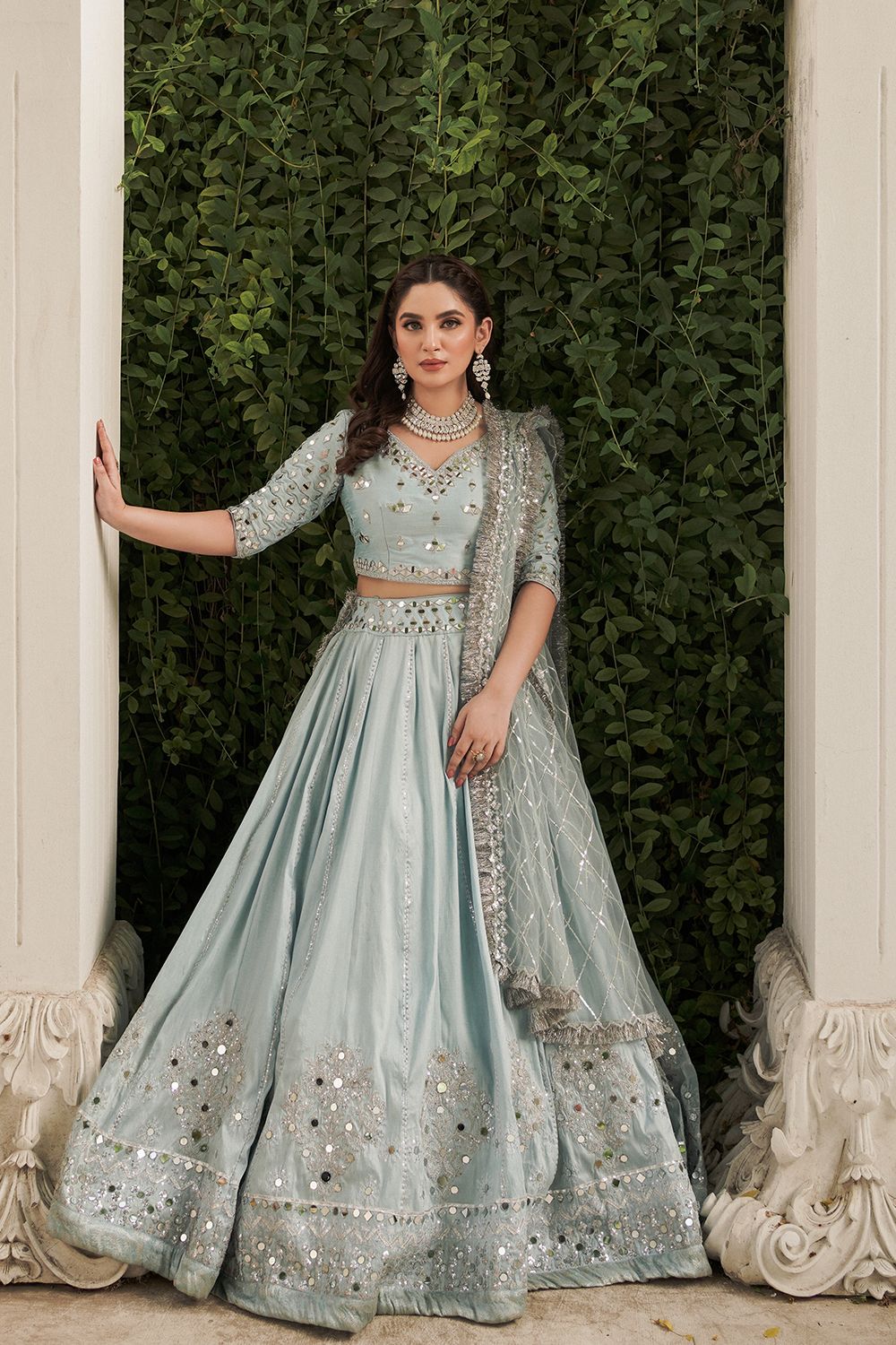 Buy Pakistani Bridal Ice Blue Lehenga Choli Dupatta Dress 2022 Nameera by Farooq