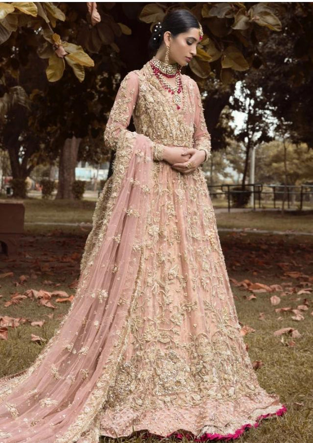 Pakistani Bridal Long Maxi Outfit in Peach Color