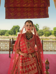 Pakistani Bridal Red Lehenga Choli Dupatta in Premium Raw Silk