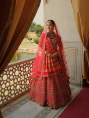 Pakistani Bridal Red Lehenga Choli Dupatta in Raw Silk Fabric