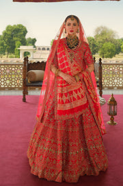 Pakistani Bridal Red Lehenga Choli Dupatta in Raw Silk