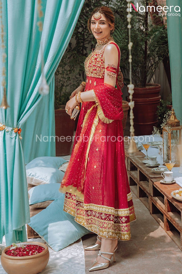 Pakistani Bridal Traditional Pishwas in Red Color