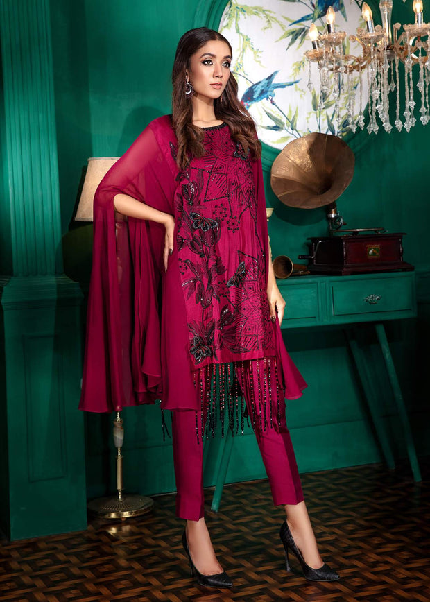 Pakistani Cap Style Shirt Dress in Maroon Shade 2022