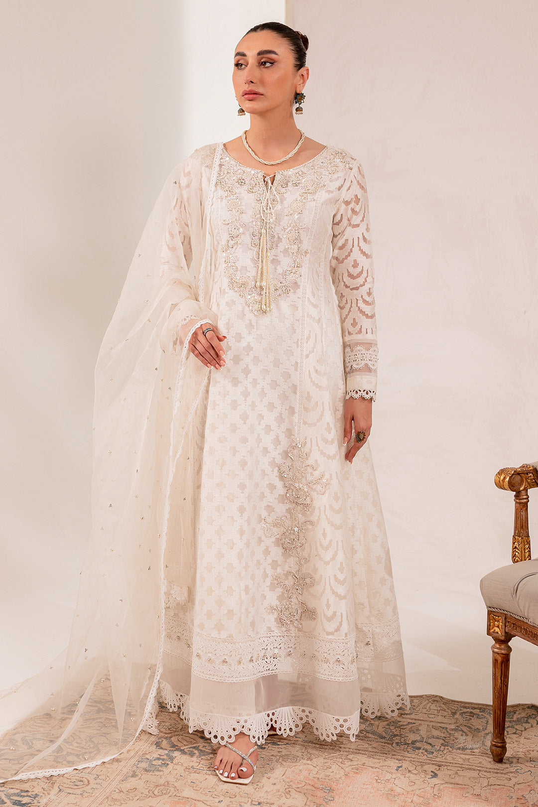 Pakistani Eid Dress in Royal White Pishwas Frock Style – Nameera by Farooq