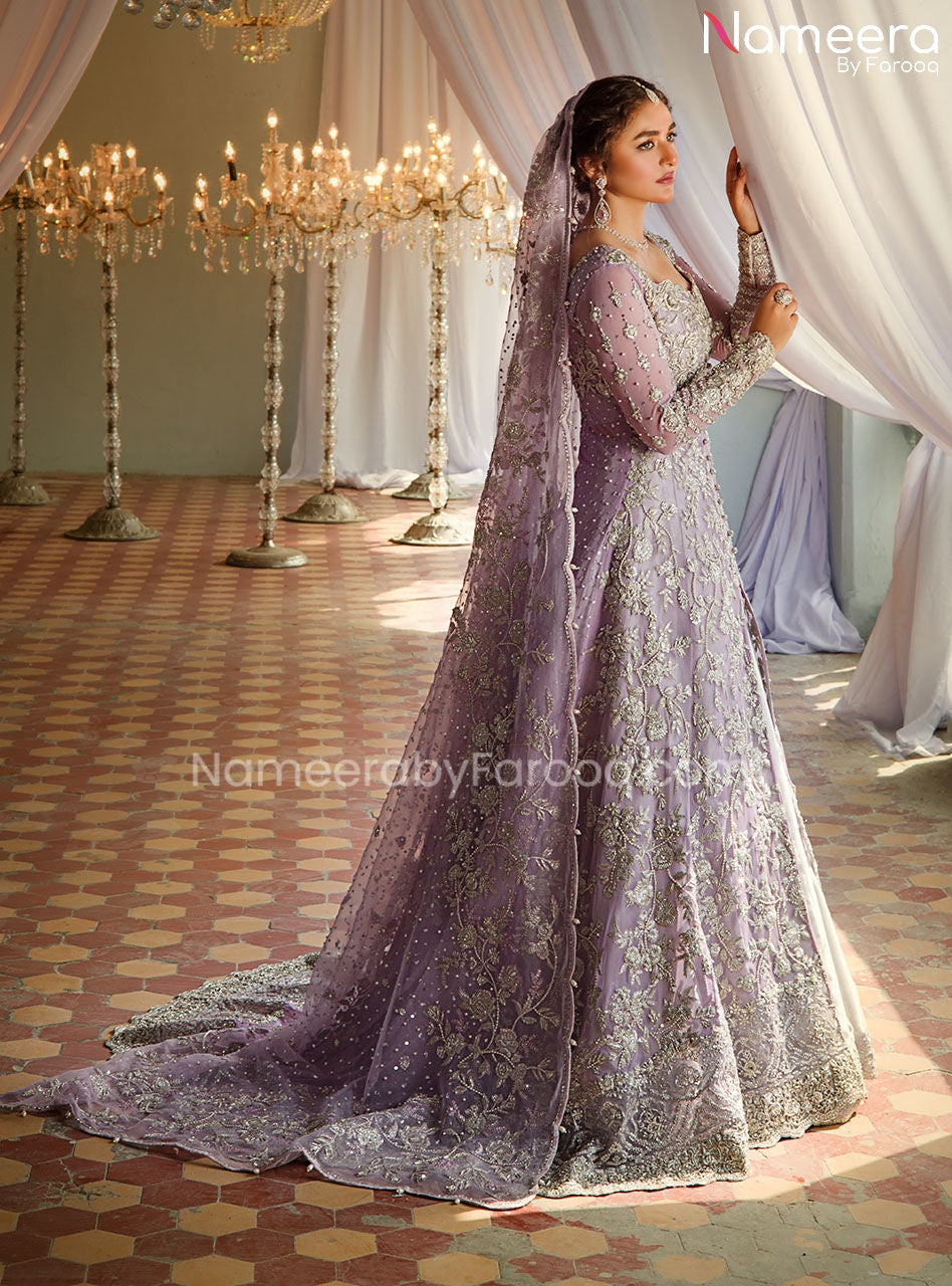 Embellished Kameez with Bridal Sharara Dress in Lilac Shade Nameera by Farooq