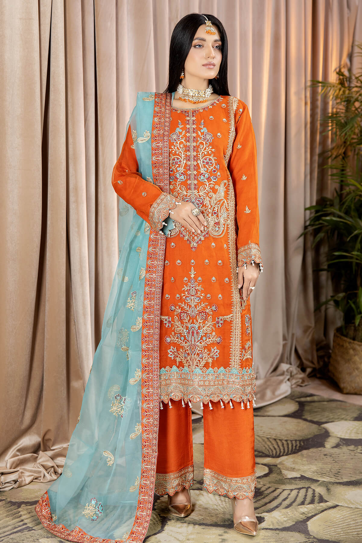 Shop Pakistani Orange Long Kameez Trousers Party Dress Nameera by Farooq